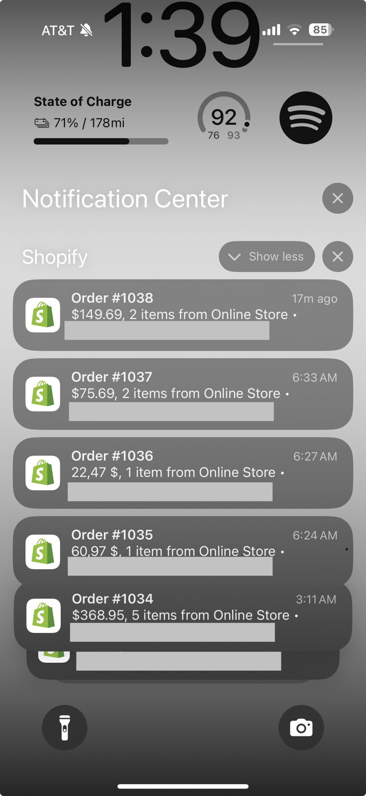 iPhone lock screen: Order #1038 $149, #1037 $75, #1036 $22, #1035 $60, #1034 $368