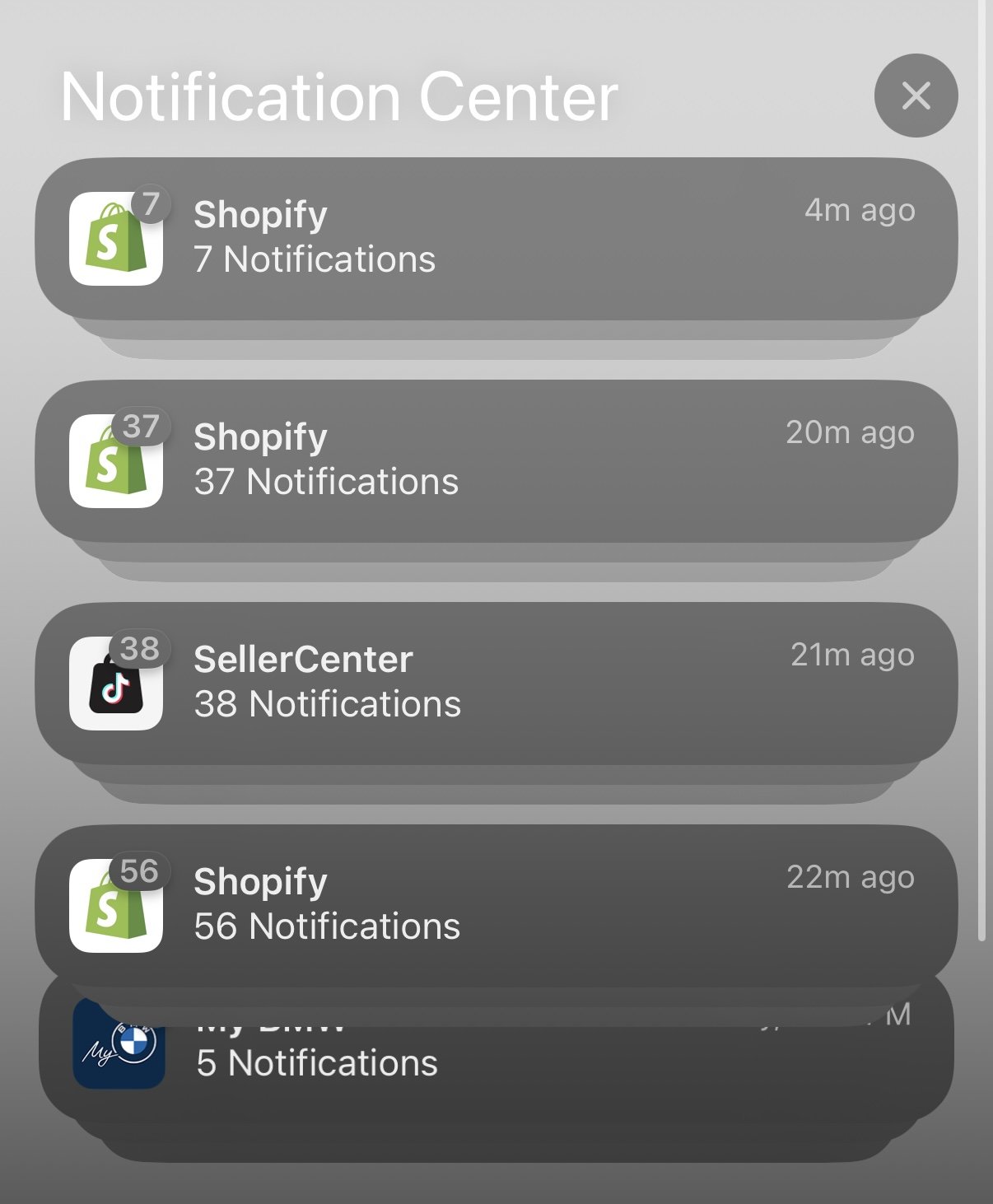 Notification center: Shopify 7 + 37 + 56 notifications, SellerCenter 38 notifications