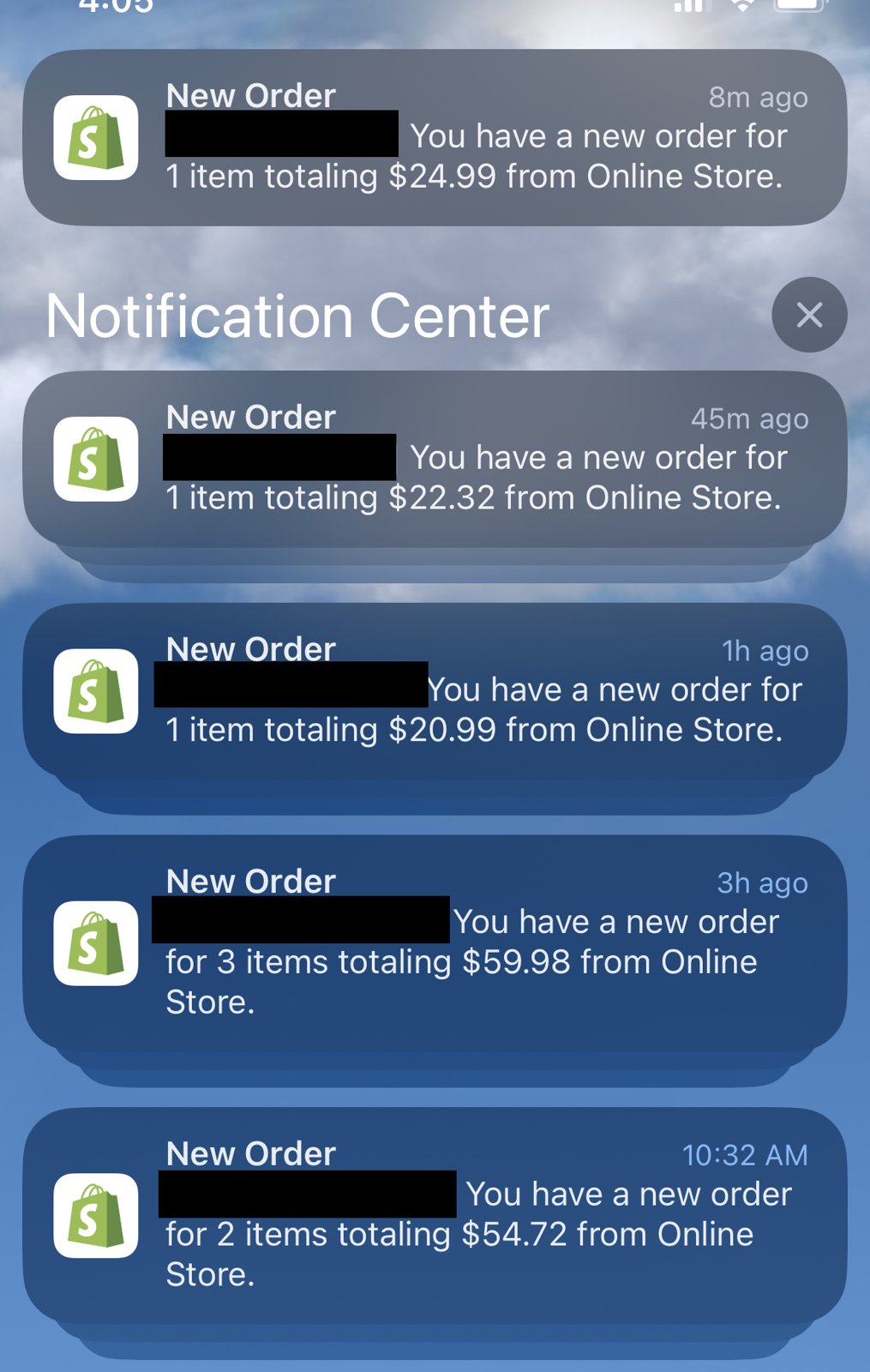 Shopify new order notifications: $24.99, $22.32, $20.99, $59.98, $54.72